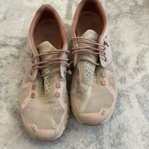 On Beige and Pink Athletic Sneakers